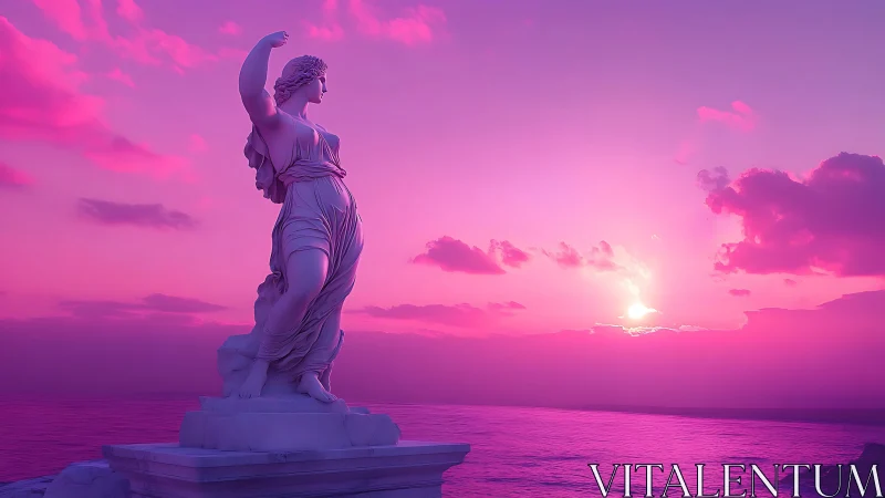 Graceful seaside statue glowing in radiant pink sunset.