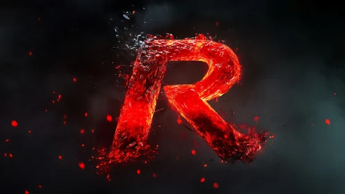 Molten red letter R exploding through dark smoke field.