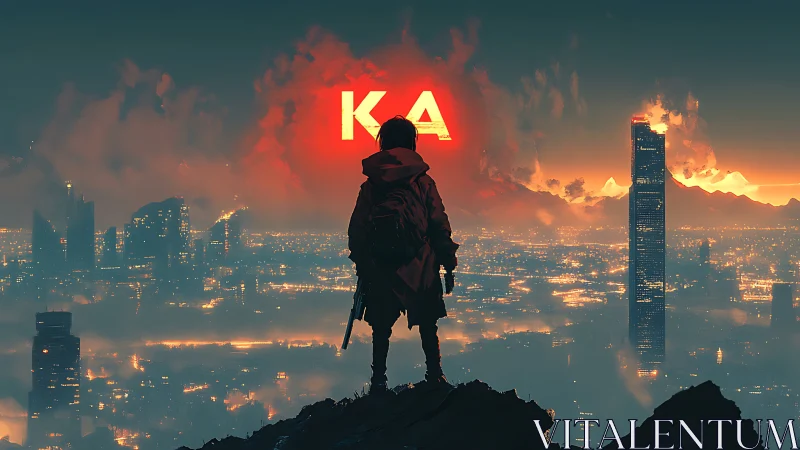 Lone wanderer surveys neon city under blazing KA sign