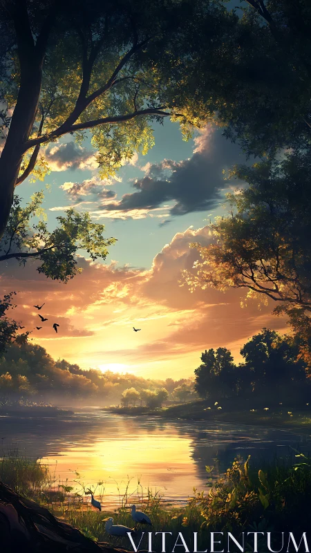 Golden river sunrise beneath arching forest canopy glow.