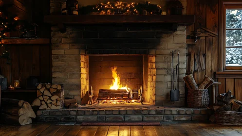 Stone fireplace with blazing wood fire and golden ambient lighting.
