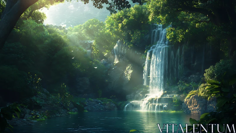 Sunlit jungle waterfall inviting quiet moments of wonder.