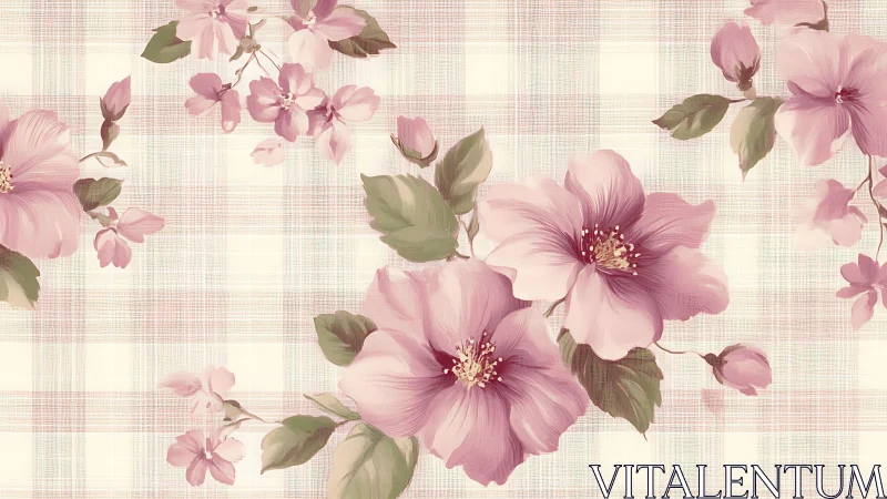 Pink Flowers on Linen Textile Wallpaper.