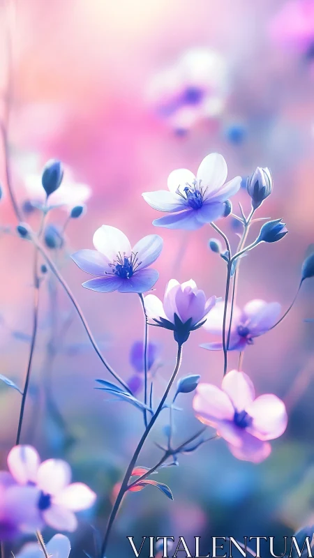 Delicate blooms with blue and white petals against soft pink background.