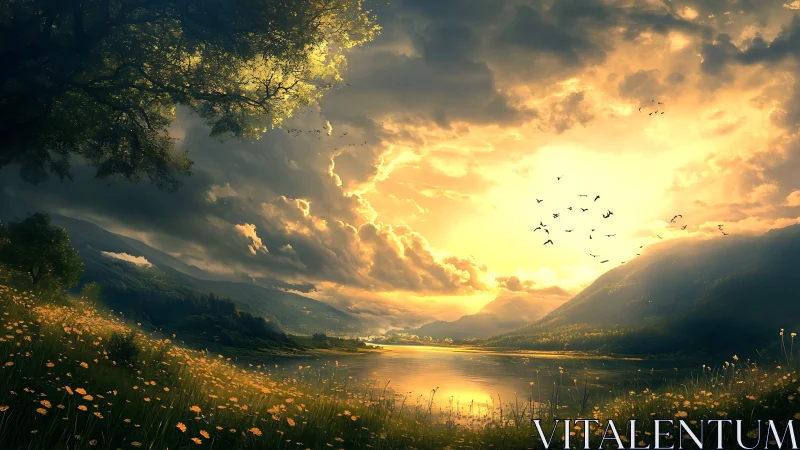 Sunlit valley lake reflects dramatic clouds at golden hour