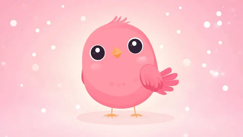Cute round pink cartoon bird illustration on soft pastel background.