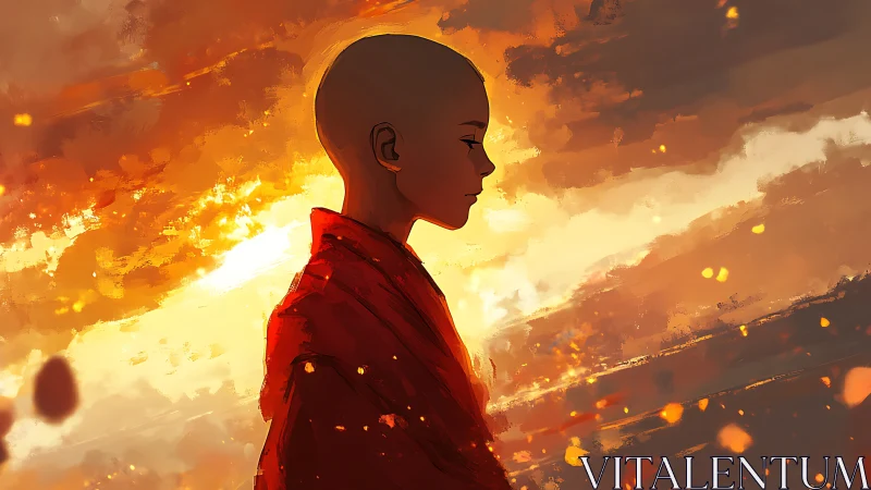 Solitary monk in ember-lit sky, contemplative side profile.