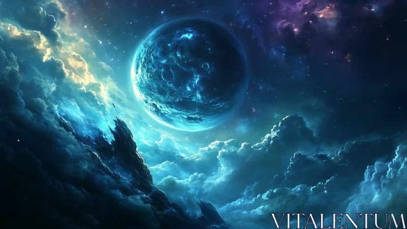 Planetary sphere above detailed cloud formations in space.