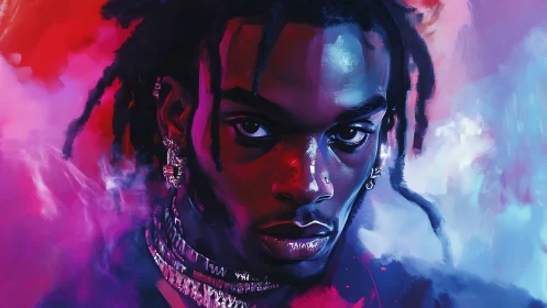 Digital portrait of male figure in neon red and blue light.