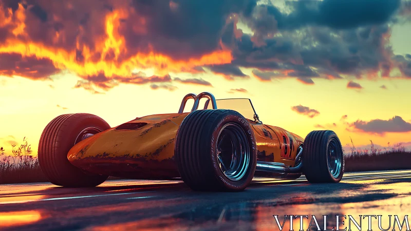 Low-slung retro race car under saturated sunset sky.