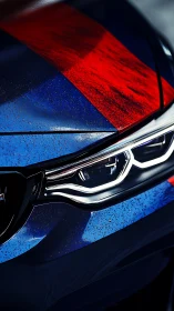 Close-up view of blue performance car with red stripe.