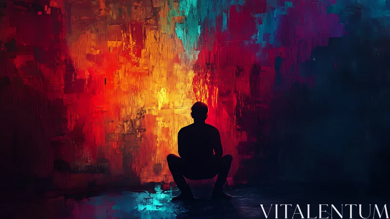 Silhouetted figure kneels before glowing abstract color wall.