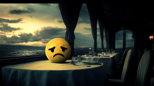 Sad emoticon sphere on train dining table at dusk.