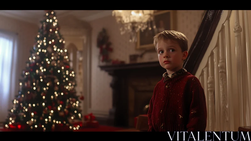 Pensive child by staircase in softly lit Christmas interior