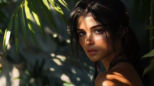 Portrait of young woman in dappled tropical foliage light.