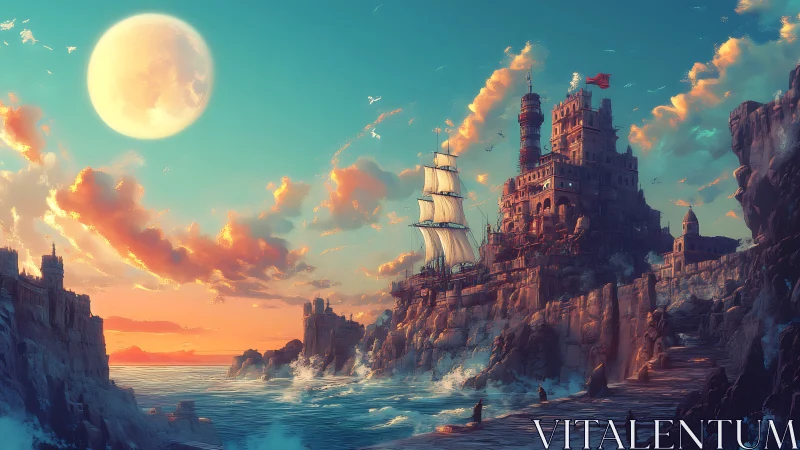 Moonlit cliff fortress watches over a glowing fantasy sea