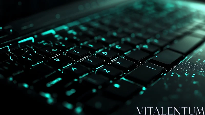 Backlit keyboard glows with neon cyber ambiance at night