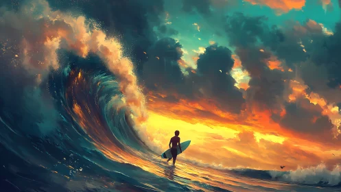 Surfer silhouette beneath luminous storm-swept sunset sky.