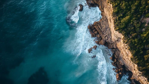 Turquoise surf pounds rugged cliffline under soft daylight