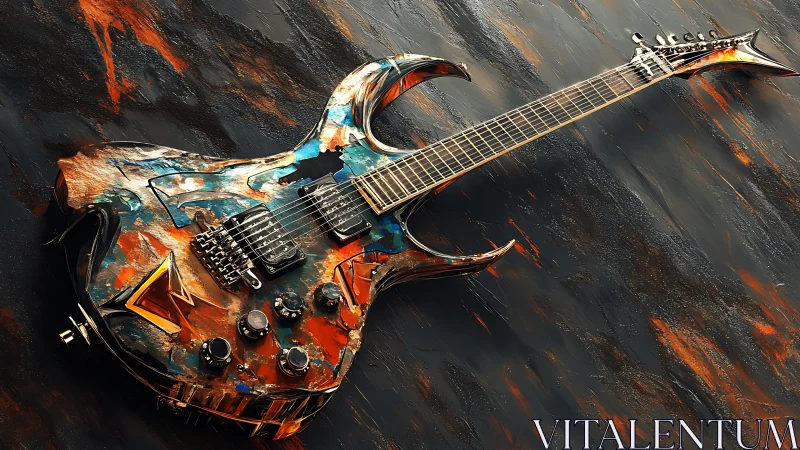 Flame-scarred electric guitar blazing across molten canvas.