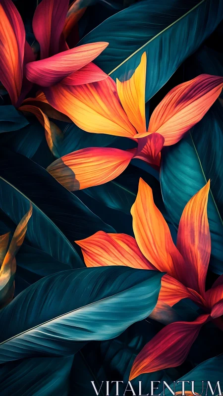 Luminous tropical petals glow gently against deep teal leaves