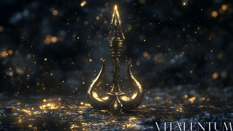 Gleaming golden trident relic glowing in a dreamy night.