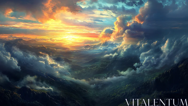 Sunlit storm clouds roll over a vast emerald valley at dusk