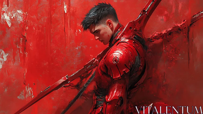 Cybernetic warrior in red exosuit isolated against abstract wall