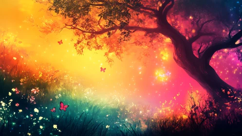 Enchanted twilight tree with glowing meadow and butterflies.