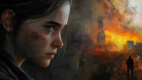 Young survivor watching a burning city on the horizon.