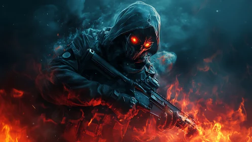 Midnight reaper soldier strides through swirling urban fire