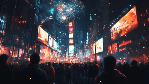 Urban crowd under fireworks amid illuminated billboards.