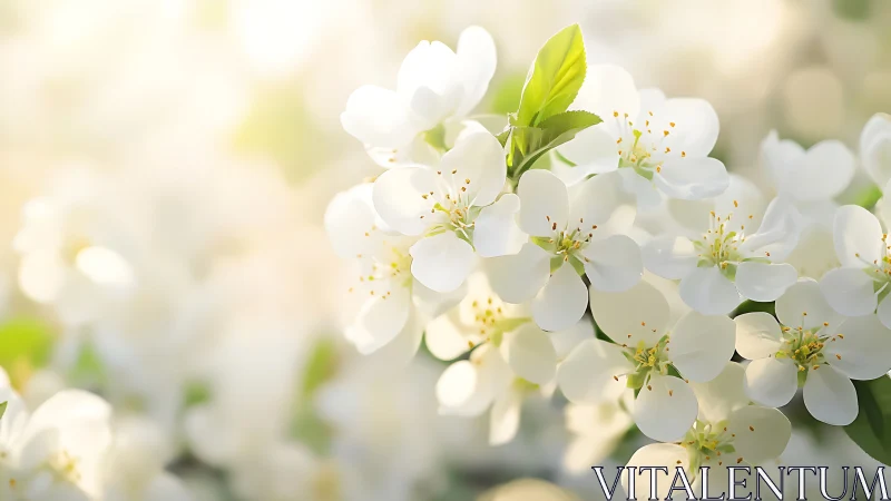 White Blossom Cluster with Golden Stamens and Green Foliage
