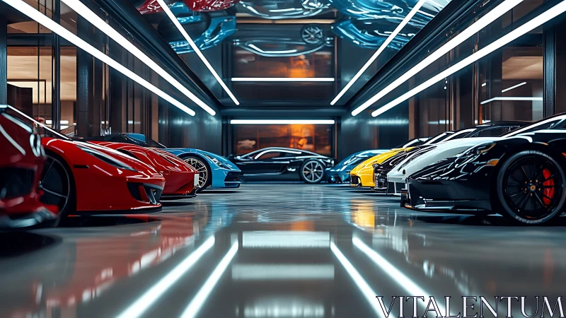3D hyperreal supercar gallery in symmetrical tunnel lighting.