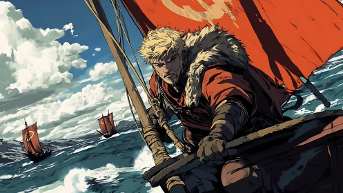Blond warrior steering longship under large red sail.