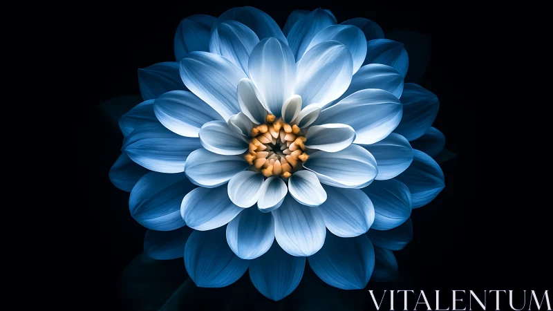 Blue Dahlia with Golden Center Against Dark Background