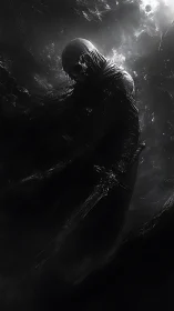 Shrouded wraith knight emerges from void in monochrome chiaroscuro