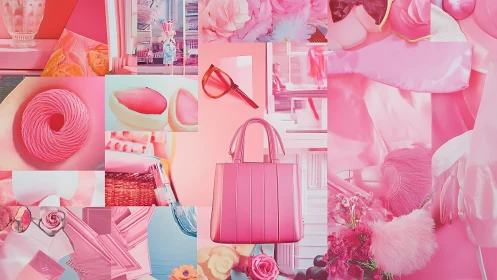 Pink-toned collage displays fashion, flowers and accessories
