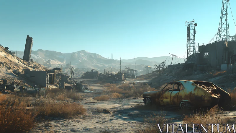 Desert roadway passes rusted car and telecom ruins under clear sky