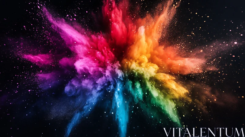 Exploding rainbow pigment burst on deep black background.