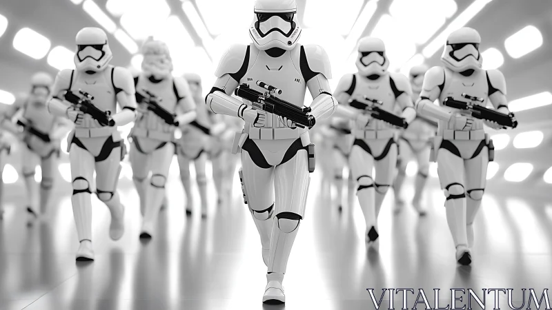 Stormtrooper squad advances through high key corridor with rifles