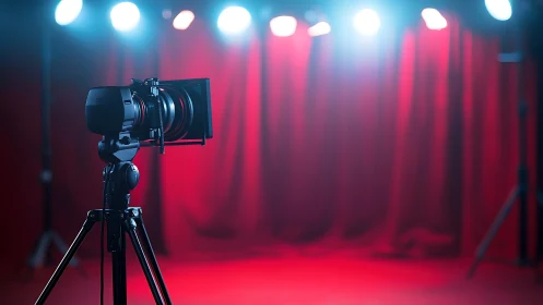 Cinema camera on tripod frames red stage under frontal LED spots