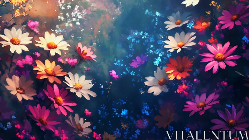 Chromatic Daisy Symphony Blooms Across Twilight's Velvet Canvas