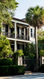 Two story Southern mansion with neoclassical columns and dense tropical landscaping