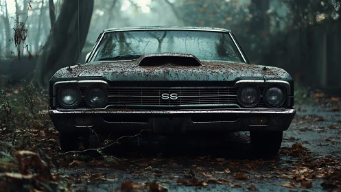 Photorealistic front view of abandoned SS muscle car in forest.