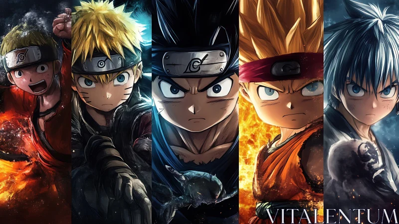 Intense anime warriors lined up in five fiery portraits.