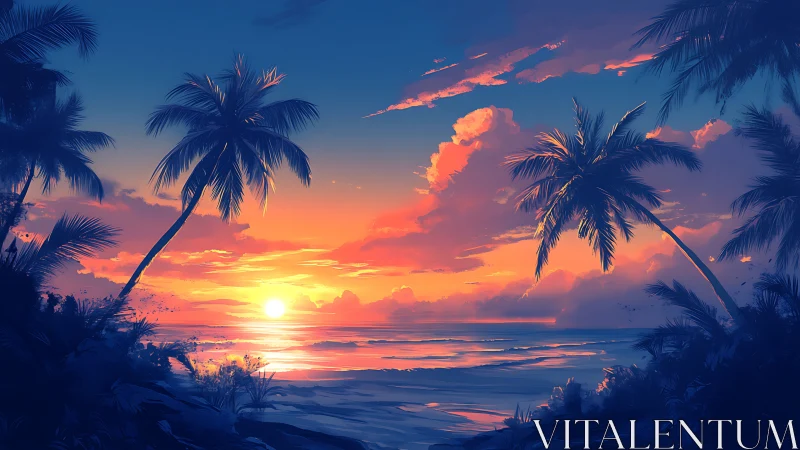 Golden tropical sunset glows gently over a peaceful shore