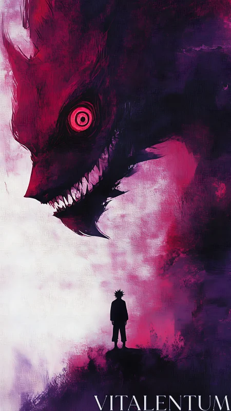 Silhouetted figure confronting giant red demonic beast.