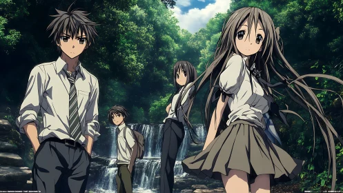 Anime students stand before layered forest waterfall in dense light