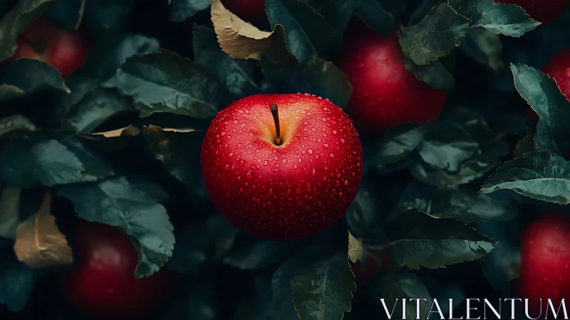 Fresh red orchard apple glowing softly among deep leaves.